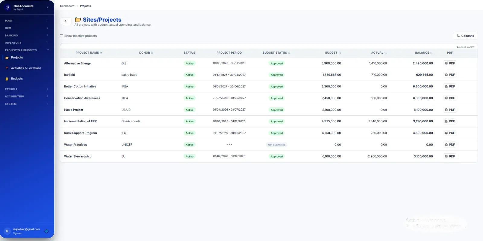 Project budget Vs Actual Summary